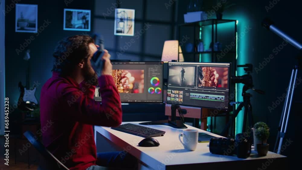 Poster videographer uses software to create visual effects for video projects while relaxing with some musi