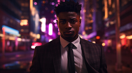 Fototapeta premium Young Man in Suit on Vibrant City Street at Night