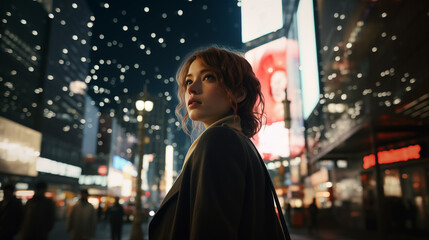Obraz premium Young Woman Contemplating in Bustling City Night