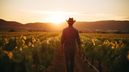 Fototapeta premium Rancher Walking Through Vineyard at Sunset