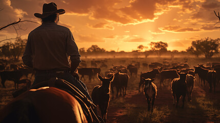 Cowboy Herding Cattle at Dusk - obrazy, fototapety, plakaty