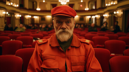 Elderly Usher in Red Uniform at Theater