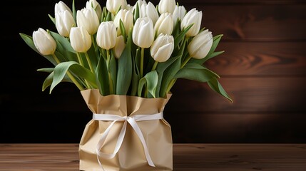 White Tulips Paper Bag On Wooden, Background Image, Desktop Wallpaper Backgrounds, HD