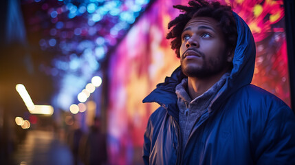 Young Man in Neon-Lit City Night