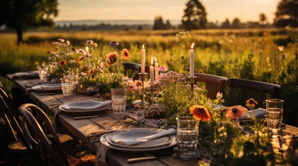 Summer outdoor dinner table in field on sunset - obrazy, fototapety, plakaty