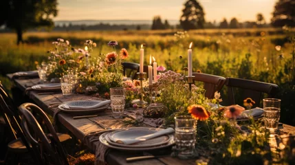 Fotobehang Summer outdoor dinner table in field on sunset © Алина Бузунова