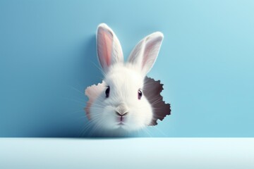 A rabbit bursts into a party from a hole in the wall and space for text on a banner. Background with selective focus