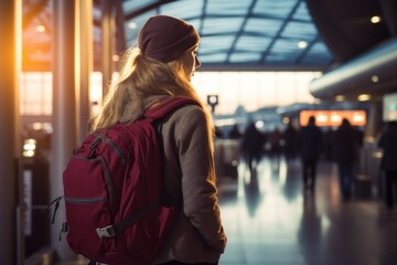 Woman at the airport. Background with selective focus and copy space