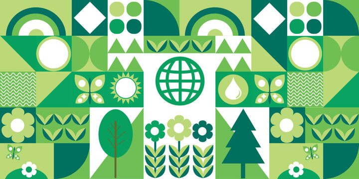  Geometric background with an image of abstract nature. Forest, trees, butterflies, planet, flowers.Minimalistic shapes. Bauhaus .Seamless pattern.