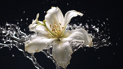 Closeup of fresh white water lily flower with water drops and  splashes on a dark background - Powered by Adobe