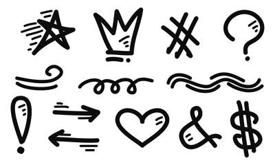 Hand drawn set of doodle emphasis elements. star, crown, love, arrow. isolated on white background. vector illustration