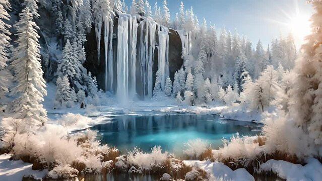 heart Crystalized Forest lies shimmering lake, surface frozen solid sparkling sunlight. Surrounding lake magnificent frozen waterfalls, their cascading streams still 2d animation