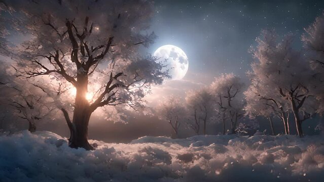 Under glow full moon, Crystalized Forest Lumaria seemed come alive, with branches foliage made shimmering diamonds that darkness with their luminous beauty. 2d animation