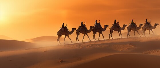 Caravan of camels with riders traversing sand dunes at sunset. Adventure travel