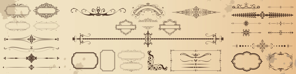 Obraz premium Set of vintage frames with vintage lines and corners on an old background, vector illustration.