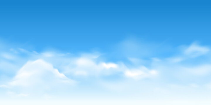 realistic white cloud background design, empty blue sky illustration template vector