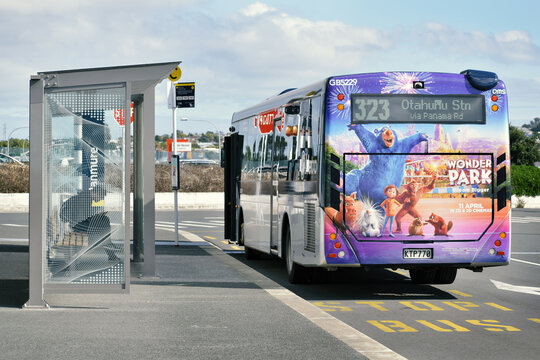 Metro bus with Wonder Park movie ad at Panmure bus station. Auckland, New Zealand - April 25 2019
