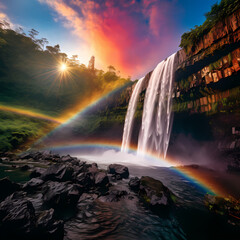 A vibrant rainbow arching over a waterfall.