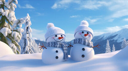 Two cute little snowmen are playing in the snow to celebrate Christmas