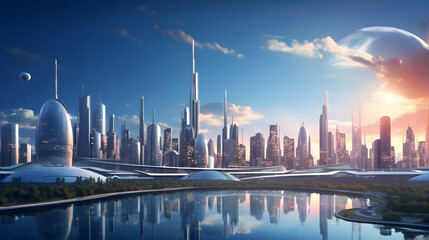 Fototapeta na wymiar futuristic modern city skyline, generative ai