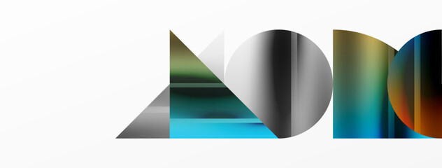 Elegant minimalist background with color metallic circles and triangles, creating harmonious composition of geometric shapes for wallpaper, banner, background, landing page