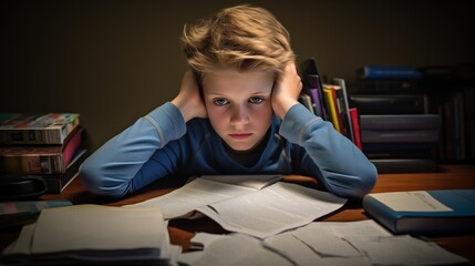 A stressed child is surrounded by books and papers, resting his head in his hands, with a lamp casting a warm light on the desk.