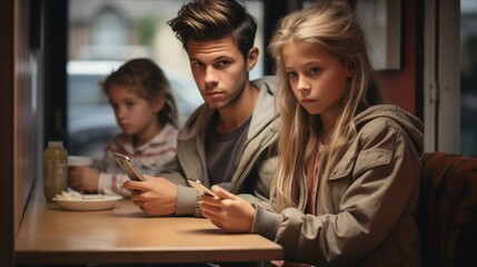 A young family waits at a diner, with children engaged in smartphones and a tense atmosphere suggesting impatience or concern. - obrazy, fototapety, plakaty