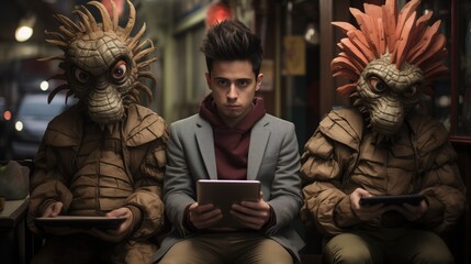A young man sits sandwiched between two people in elaborate costumes, all intensely focused on their tablets in a whimsical, surreal setting, immersed in mobile only strangers around us, who cares who
