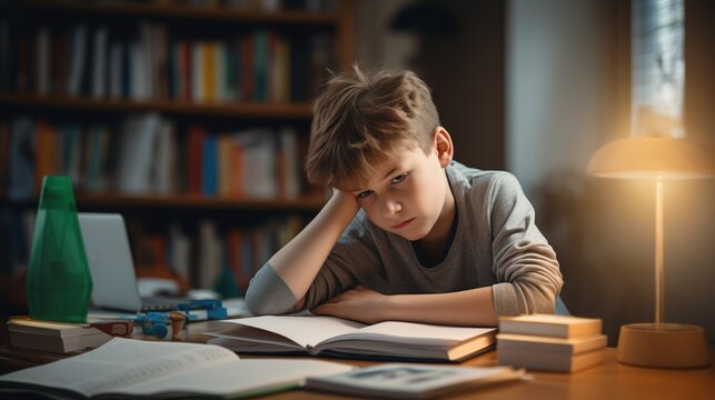 A young boy leans on his arm, looking bored or tired with schoolwork spread out on a desk in a warmly lit study area.