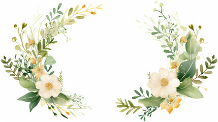 watercolor floral illustration foliage bouquet composition arrangement wreath greenery herbs round frame geometric natural gold white flowers