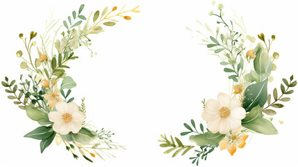 Naklejka premium watercolor floral illustration foliage bouquet composition arrangement wreath greenery herbs round frame geometric natural gold white flowers