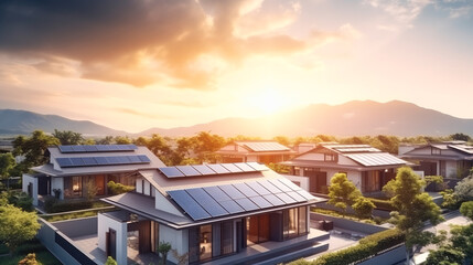 Aerial view newly built modern luxury real estate village with solar panel electric generator on roof for generate electrical power in household consumption sustainable architecture lifestyle concept.