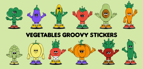 Obraz premium Retro groovy cartoon characters vegetables labels. Vintage funny mascot Tomato, carrot and more stickers with psychedelic smile and emotion. Cute comic vector illustration