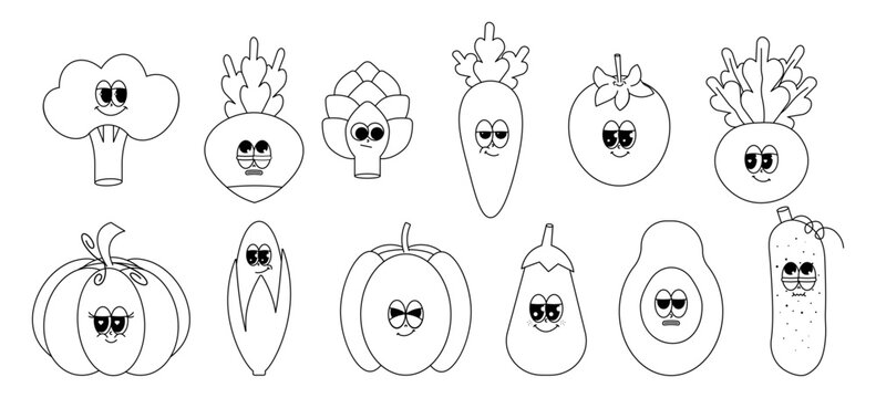 Retro groovy cartoon characters vegetables. Vintage funny mascot Tomato, carrot and more stickers with psychedelic smile and emotion. Black, white palette. Cute comic vector illustration
