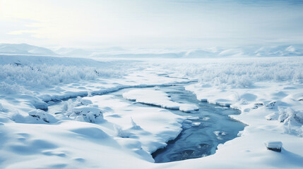 Fototapeta na wymiar A frozen river winding through snow-covered landscapes, AI Generative.