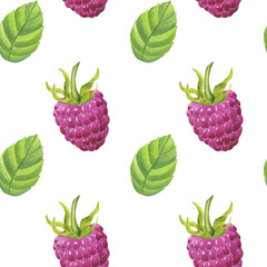 Seamless pattern pink raspberry, sweet berry with green leaves. Botanical food clipart. Hand drawn watercolor illustration isolated on white background. Printing on fabric, paper packaging