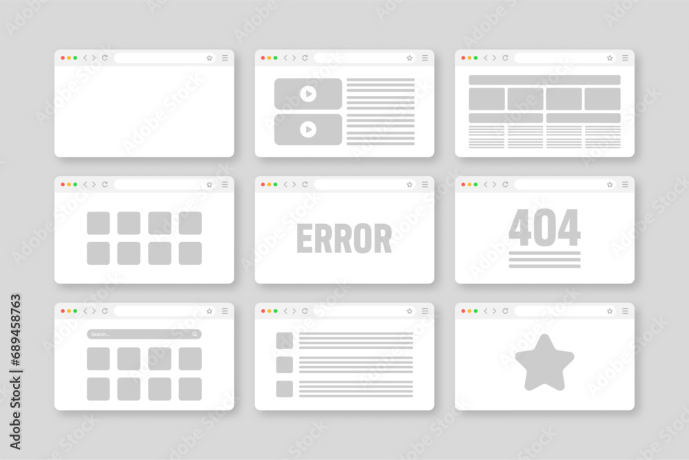 Poster web browser window, pages layout with toolbar and search field. modern website, internet page in fla