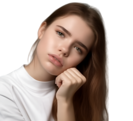 The young girl is feeling downcast, tilting her head and supporting her chin with her hand, wearing a serious expression.
