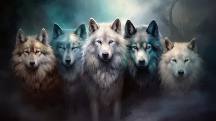 Tuinposter majestic wolf pack embracing the spirit of the wilderness in isolated black smoke - mystical wildlife concept © Ashi