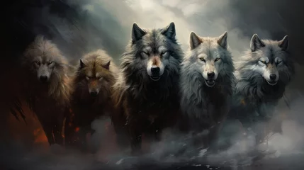 Poster majestic wolf pack embracing the spirit of the wilderness in isolated black smoke - mystical wildlife concept © Ashi