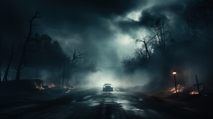 an intense moment on a road flanked by trees, illuminated by a car's headlights and a surreal mist,...