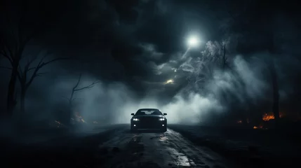 Fototapeten A dramatic nighttime scene shows a car's headlights piercing through the mist on a forest road, with a mysterious glow and embers suggesting a wildfire nearby. © DigitalArt