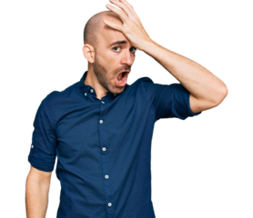 Young hispanic man wearing casual clothes surprised with hand on head for mistake, remember error. forgot, bad memory concept.