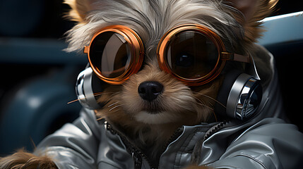 cute puppy wearing futuristic costume - obrazy, fototapety, plakaty