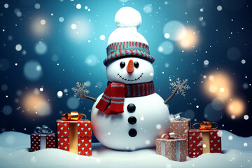 Obraz premium Snowman holding,many giftboxes behind,snow flake. 
