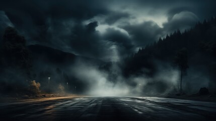 A dark and moody road surrounded by misty forests under stormy clouds, the scene illuminated by sporadic street lights, creating a mysterious and dramatic atmosphere. - obrazy, fototapety, plakaty
