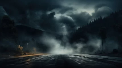 Fotobehang A dark and moody road surrounded by misty forests under stormy clouds, the scene illuminated by sporadic street lights, creating a mysterious and dramatic atmosphere. © DigitalArt
