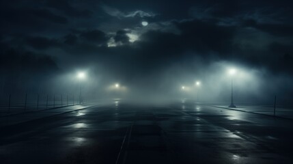 An empty parking lot, or street, bathed in fog under a night sky, the eerie quiet pierced only by the bright beams of street lamps and a faint moon peeking through the clouds. - obrazy, fototapety, plakaty