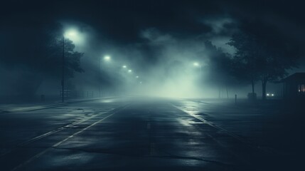 The glow of streetlights in a foggy, deserted parking area creates a scene of quiet solitude, with trees shrouded in mist enhancing the sense of isolation and stillness.