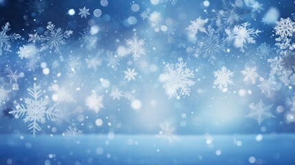 Fototapeta premium Ethereal snowflakes of varied intricate patterns float in a mesmerizing dance against a soft blue winter sky, creating a tranquil and delicate snowy atmosphere.